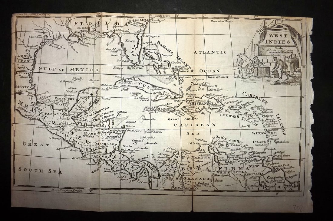 Salmon & Jefferys 1772 Antique Map. West Indies Caribbean: Copper Engraved Map Published 1772, London for "A New Geographical and Historical Grammar" by Thomas Salmon. Folds as issued. Most Maps Engraved Thomas Jefferys. Paper Size: 12 x 8 inch (30 x 20cm) Ap