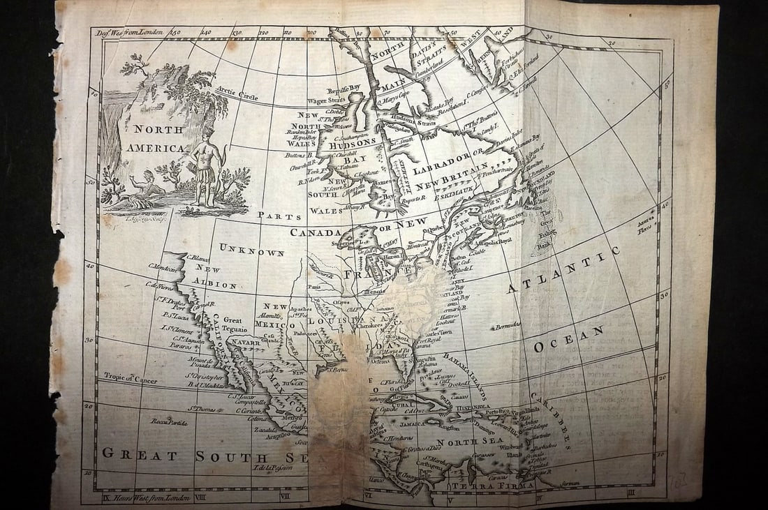 Salmon & Jefferys 1772 Antique Map. North America USA Canada (Fault): Copper Engraved Map Published 1772, London for "A New Geographical and Historical Grammar" by Thomas Salmon. Folds as issued. Most Maps Engraved Thomas Jefferys. Paper Size: 10 x 7.5 inch (25 x 19cm)