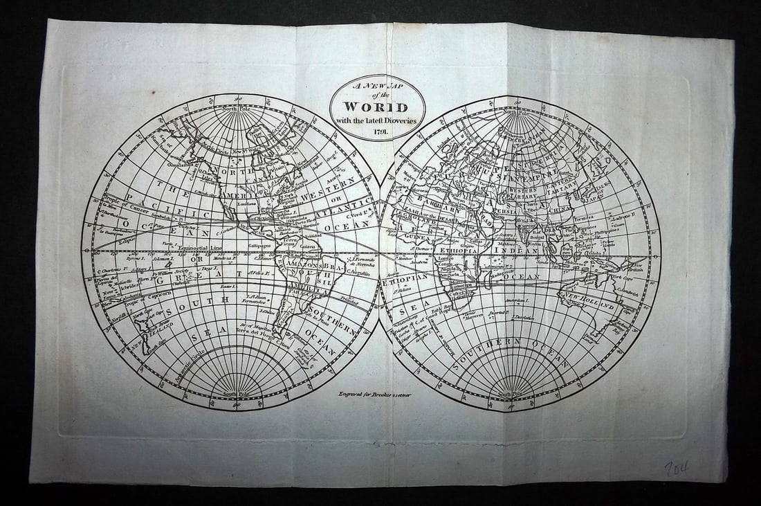 Brookes, Richard 1791 Antique Map. World Hemispheres (1 of 1)