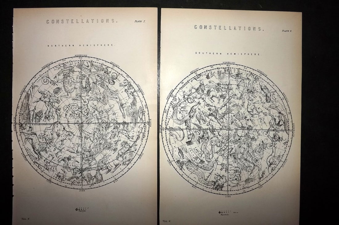 National Encyclopedia C1880 Pair of Celestial Maps. Constellations. Astronomy (1 of 1)