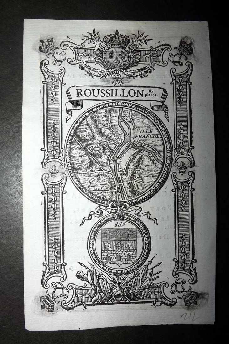Jaisse, Lemau de la 1736 Decorative Map of Roussillon, France: Woodcut Map Published 1736, Paris for "Plans des Principales Places de Guerre et Villes Maritimes Frontieres du Royaume de France" by Lemau de la Jaisse.Text to reverse side. Paper Size: 6 x 4 inch (1