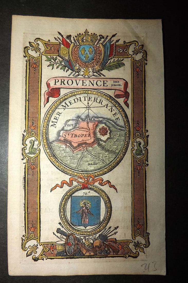 Jaisse, Lemau de la 1736 Hand Col Decorative Map of Provence, France: Hand Colored Woodcut Map Published 1736, Paris for "Plans des Principales Places de Guerre et Villes Maritimes Frontieres du Royaume de France" by Lemau de la Jaisse.Text to reverse side. Paper Size: