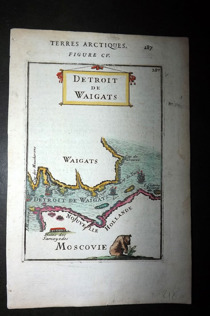 Mallet, Alain Manesson 1683 Hand Col Map. Detroit de Waigats. Russia: Hand Coloured Copper Engraved Map Published 1683, Paris for "Description de l'Univers" by Alain Manesson Mallet. French text to verso. Paper Size: 8 x 5 inch (20 x 13cm) Good Condition