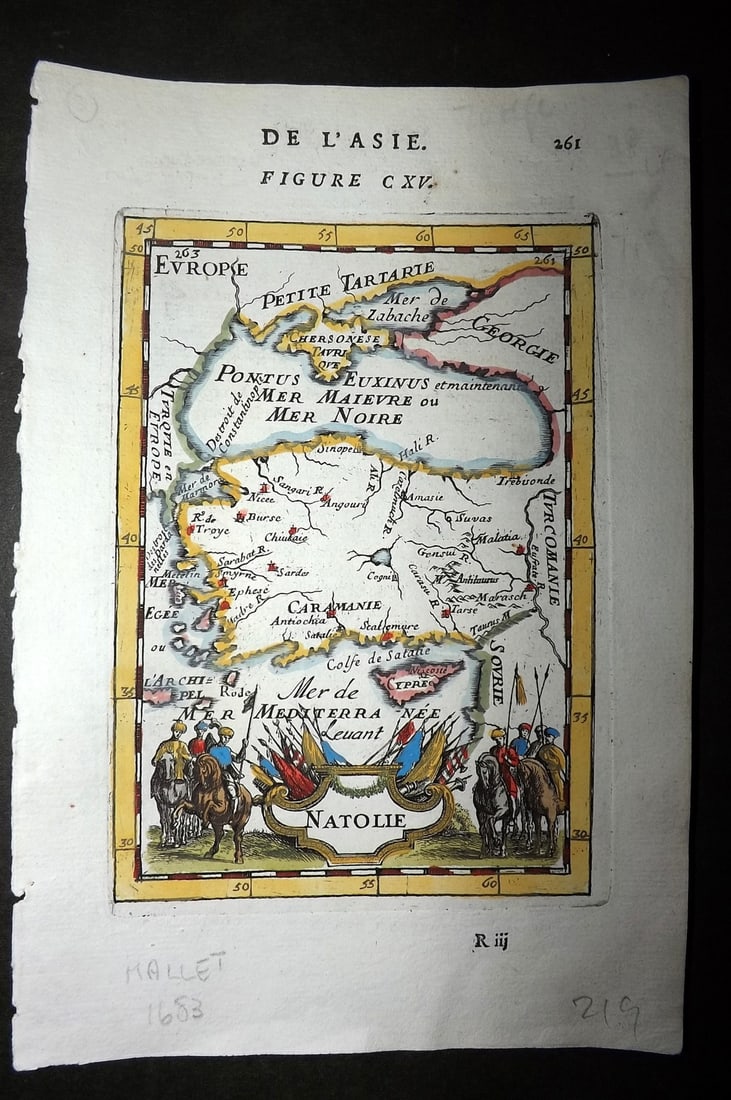 Mallet, Alain Manesson 1683 Hand Col Map. Natolie. Turkey Cyprus: Hand Coloured Copper Engraved Map Published 1683, Paris for "Description de l'Univers" by Alain Manesson Mallet. French text to verso. Paper Size: 8 x 5 inch (20 x 13cm) Good Condition