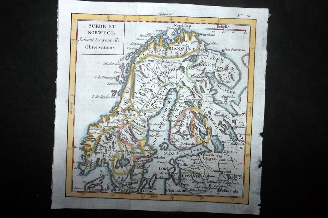 Vaugondy, Robert de 1782 Hand Col Map. Sweden & Norway: "Suede et Norwege suivant les Nouvelles Observations" Hand Colored Copper Engraved Map Published 1782, Rouen for "Methode Abregee et Facile pour apprendre La Geographie" by Robert de Vaugondy. Folds a