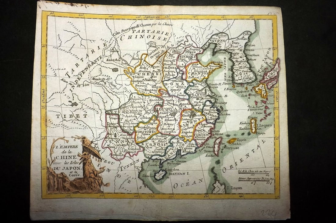 Delaporte, Abbe 1779 Hand Col Map. China Empire, Japan & Korea: "L'Empire de la Chine avec les Isles du Japon et la Coree" Hand Colored Copper Engraved Map Published 1779, Paris for "Atlas ou Collection de Cartes Geographiques pour l?intelligence du Voyageur Franc