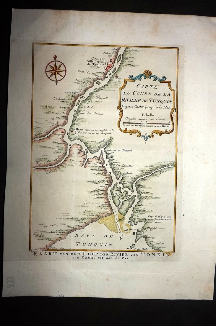 Bellin, Jacques-Nicolas C1760 Hand Col Map. River & Bay of Tonkin, Vietnam: "Carte du Cours de la Riviere de Tunquin" Hand Colored Copper Engraved Map Published 1746-1789, Paris & The Hague for "Histoire generale des voyages" by Antoine Francois Prevost. Maps by Jacques-Nicol