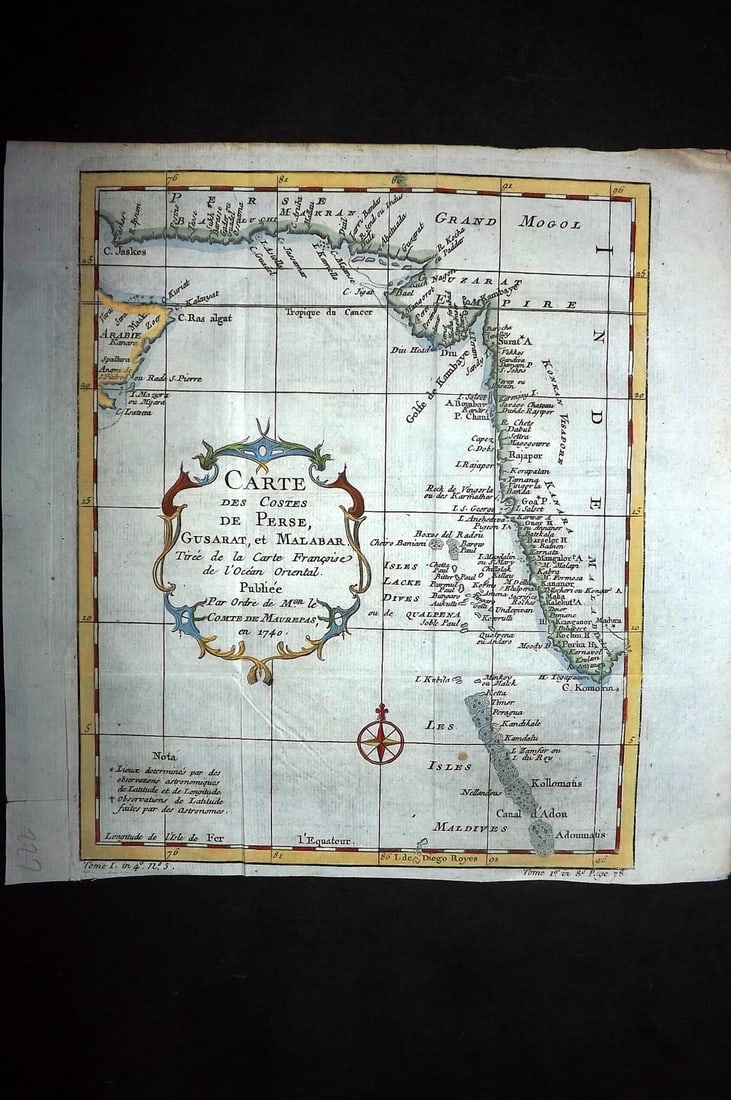 Bellin, Jacques-Nicolas C1760 Hand Col Map. India, Persia & Arabian Coasts: "Carte des Costes de Perse, Gusarat, et Malabar..." Hand Colored Copper Engraved Map Published 1746-1789, Paris & The Hague for "Histoire generale des voyages" by Antoine Francois Prevost. Maps by Jac