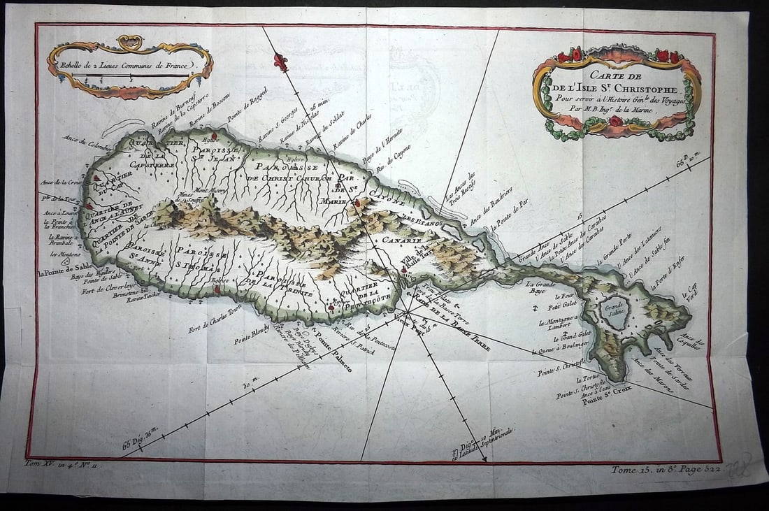 Bellin, Jacques-Nicolas C1760 Hand Col Map. Saint Kitts, Isle of St. Christophe. West Indies: "Carte de de L'Isle St. Christophe" Hand Colored Copper Engraved Map Published 1746-1789, Paris & The Hague for "Histoire generale des voyages" by Antoine Francois Prevost. Maps by Jacques-Nicolas Bel