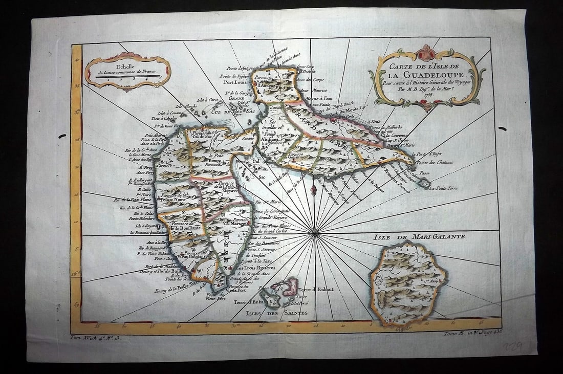 Bellin, Jacques-Nicolas C1760 Hand Col Map. Guadeloupe West Indies Caribbean: "Carte de L'Isle de la Guadeloupe" Hand Colored Copper Engraved Map Published 1746-1789, Paris & The Hague for "Histoire generale des voyages" by Antoine Francois Prevost. Maps by Jacques-Nicolas Bell