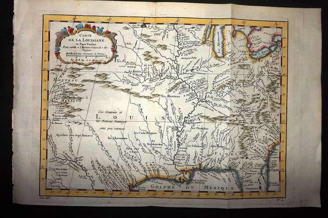 Bellin, Jacques-Nicolas C1760 Hand Col Map. Louisiana USA: "Carte de la Louisiane et Pays Voisins" Hand Colored Copper Engraved Map Published 1746-1789, Paris & The Hague for "Histoire generale des voyages" by Antoine Francois Prevost. Maps by Jacques-Nicolas
