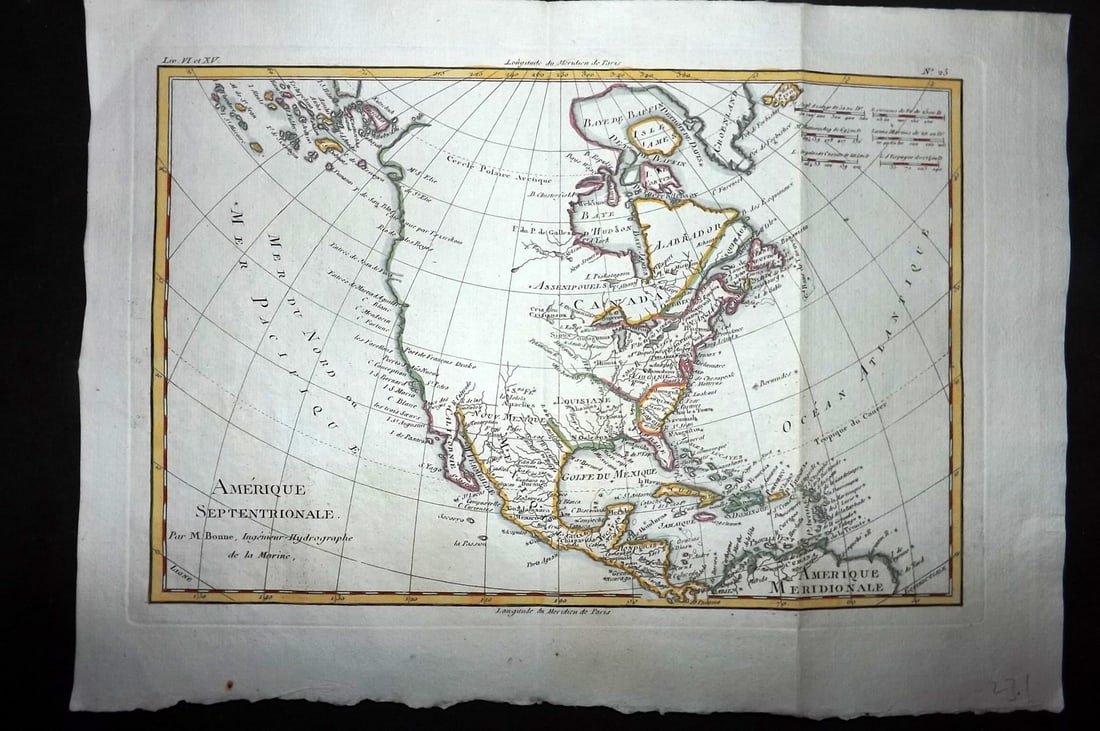 Bonne, Rigobert 1783 Hand Col Map. North America. USA Canada: "Amerique Septentrionale" Hand Colored Copper Engraved Map Published 1783, Paris for "Atlas de Toutes les Parties Connues du Globe Terrestre" by Rigobert Bonne. Folds as published. Paper Size: 15 x 10