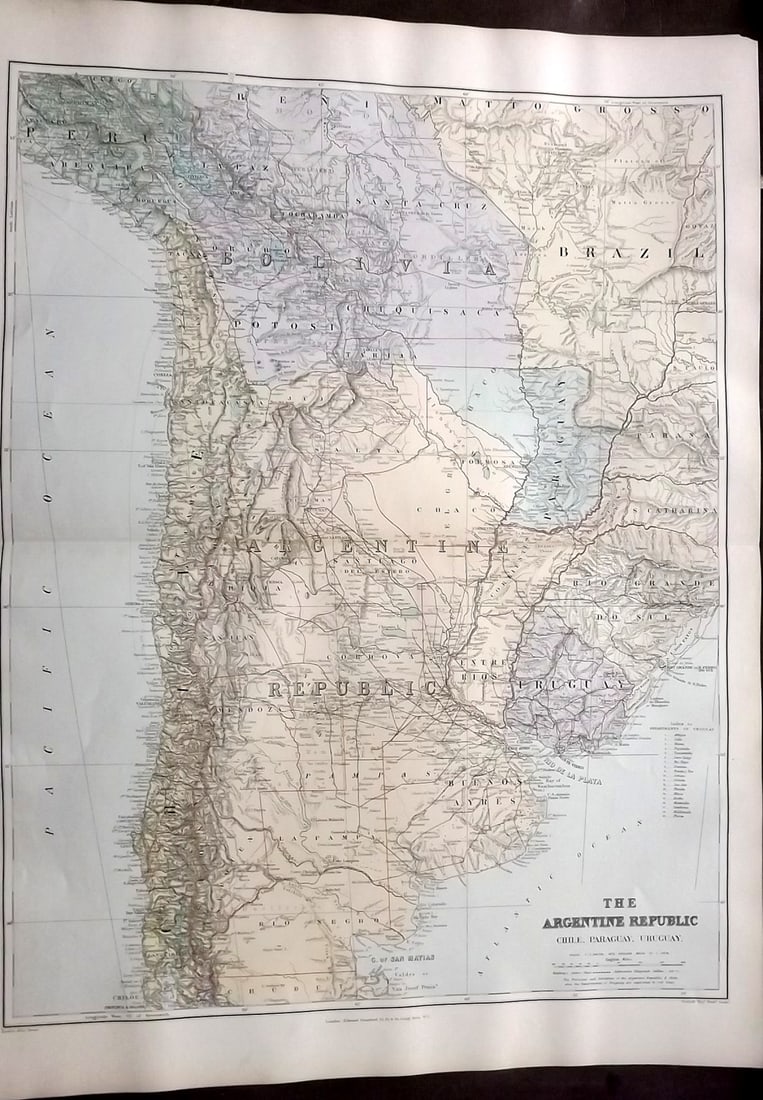 Stanford, Edward 1901 Large Map. Argentine Republic. Chile, Paraguay, Uruguay. Argentina: Large Folio Lithograph Map Published 1901, London for "Stanford's London Atlas of Universal Geography" by Edward Stanford. Centre fold as published. Paper Size: 29.5 x 22 inch (75 x 56cm) Good Conditi