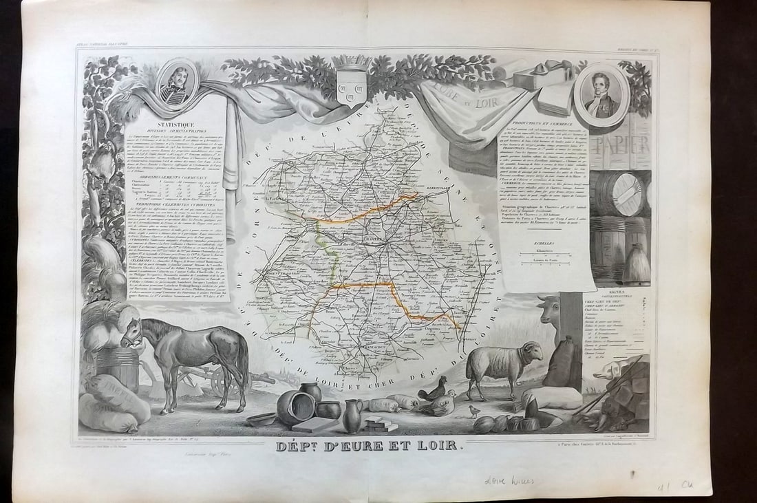 Levasseur, Victor C1850 LG Decorative French Map. D'Eure et Loir: Outline Hand Coloured Steel Engraved Map Published C1850, Paris for "Atlas National Illustre" by Victor Levasseur. Light centre fold as issued. Paper Size: 20 x 14 inch (50 x 36cm) Good Condition