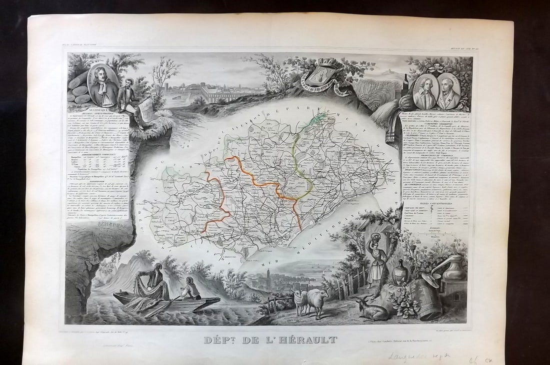 Levasseur, Victor C1850 LG Decorative French Map. L'Herault: Outline Hand Coloured Steel Engraved Map Published C1850, Paris for "Atlas National Illustre" by Victor Levasseur. Light centre fold as issued. Paper Size: 20 x 14 inch (50 x 36cm) Good Condition