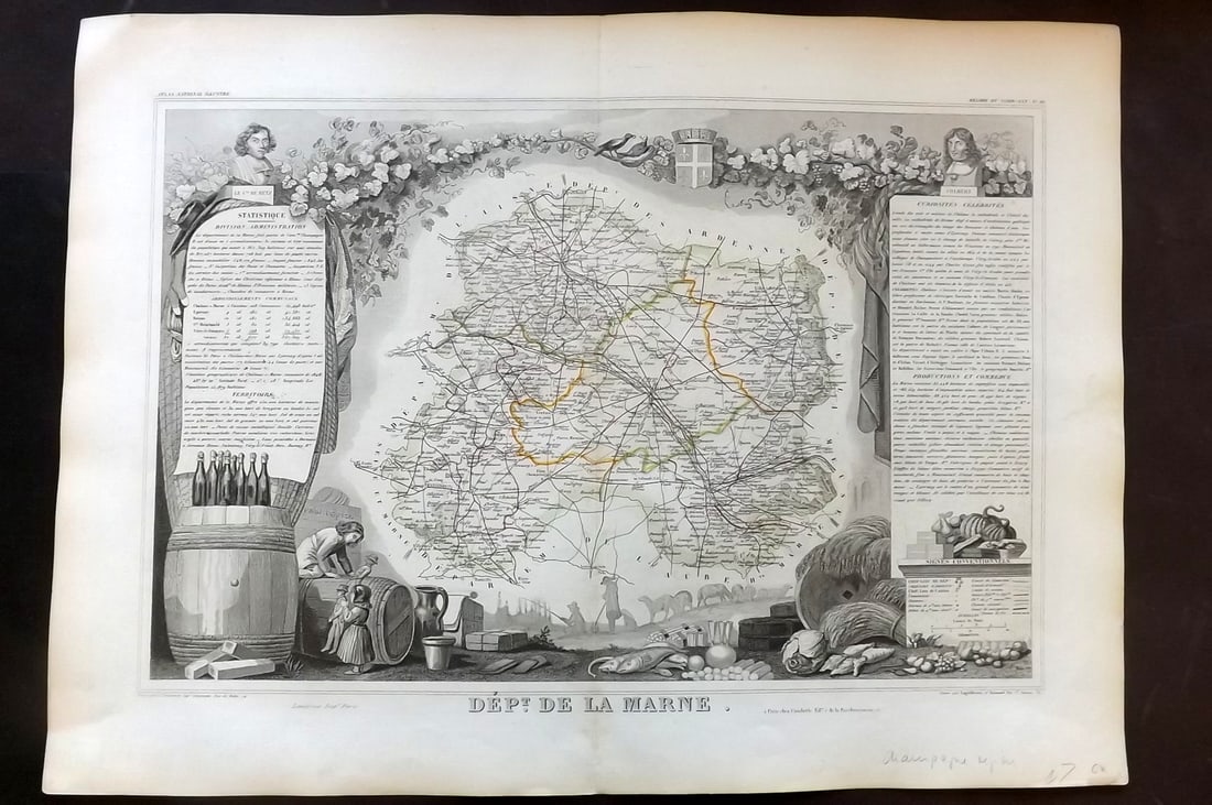 Levasseur, Victor C1850 LG Decorative French Map. Marne: Outline Hand Coloured Steel Engraved Map Published C1850, Paris for "Atlas National Illustre" by Victor Levasseur. Light centre fold as issued. Paper Size: 20 x 14 inch (50 x 36cm) Good Condition