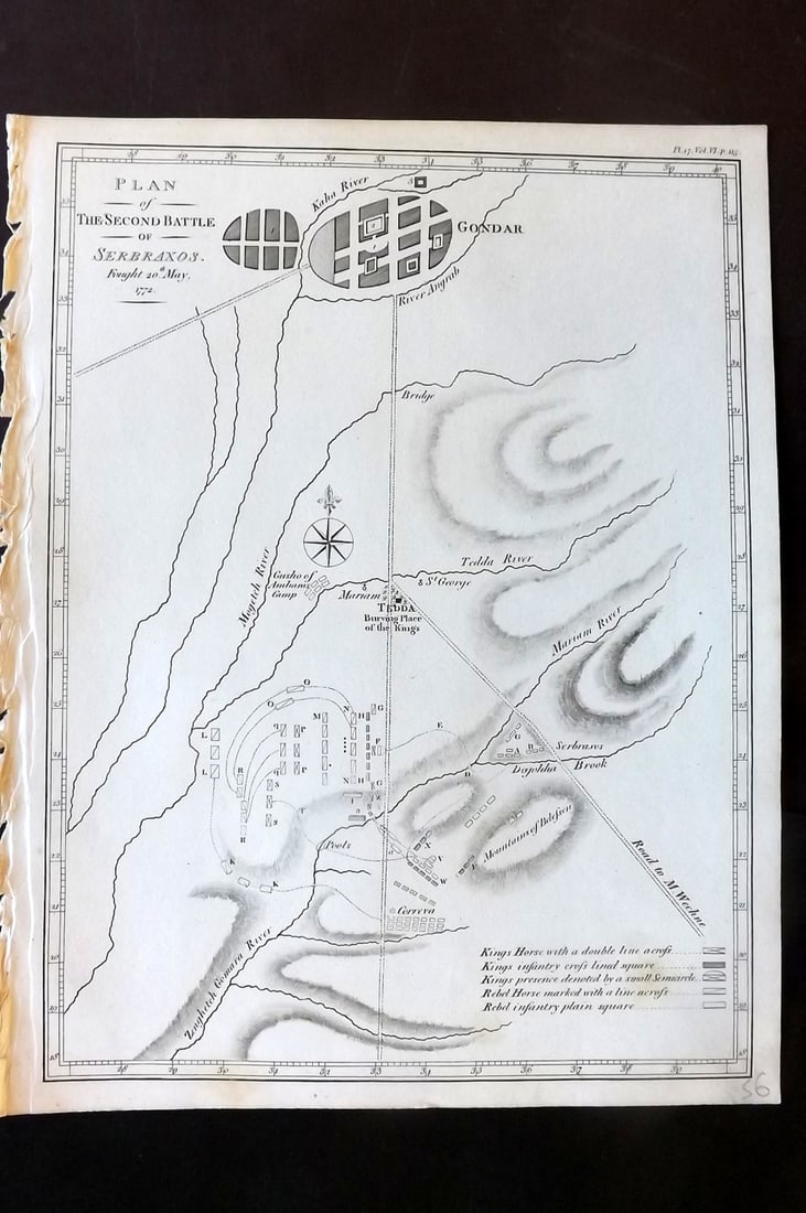 Bruce, James 1813 Antique Map. Plan of the Second Battle of Serbraxos. Ethiopia: Copper Engraved Map Published 1813, Edinburgh for "Travels to discover the source of the Nile" by James Bruce. Paper Size: 12 x 9 inch (30 x 23cm) Good Condition