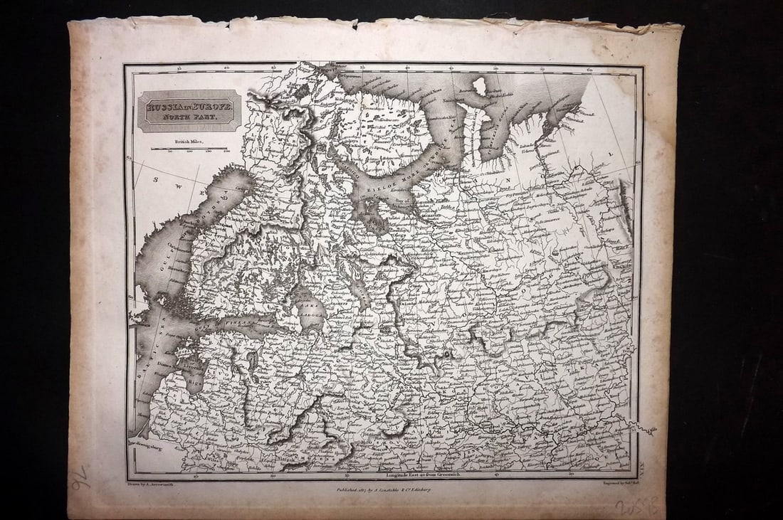 Arrowsmith, Aaron 1817 Antique Map. Russia in Europe North Part: Copper Engraved Map Published 1817, Edinburgh for "A New General Atlas" First Edition by Aaron Arrowsmith. Engraved Sidney Hall. Paper Size: 11.5 x 9.5 inch (29 x 24cm) Some margin water staining, oth