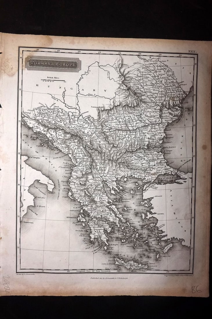 Arrowsmith, Aaron 1817 Antique Map. Turkey in Europe: Copper Engraved Map Published 1817, Edinburgh for "A New General Atlas" First Edition by Aaron Arrowsmith. Engraved Sidney Hall. Paper Size: 11.5 x 9.5 inch (29 x 24cm) Some margin water staining, oth