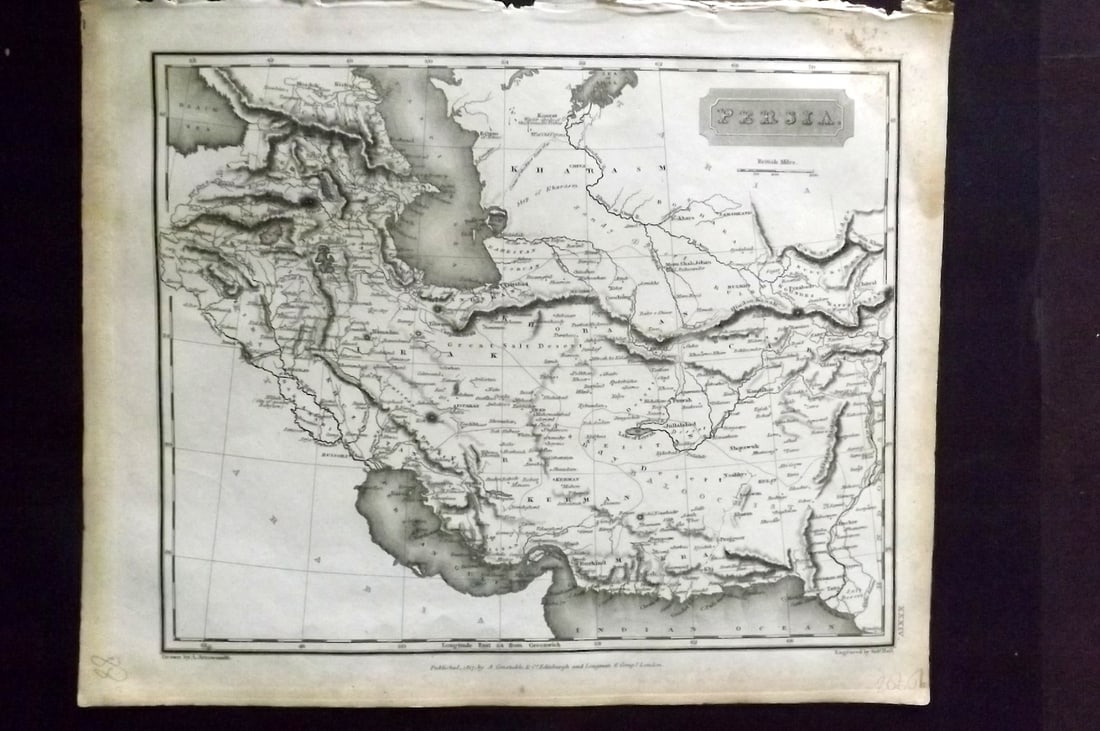 Arrowsmith, Aaron 1817 Antique Map. Persia: Copper Engraved Map Published 1817, Edinburgh for "A New General Atlas" First Edition by Aaron Arrowsmith. Engraved Sidney Hall. Paper Size: 11.5 x 9.5 inch (29 x 24cm) Some margin water staining, oth