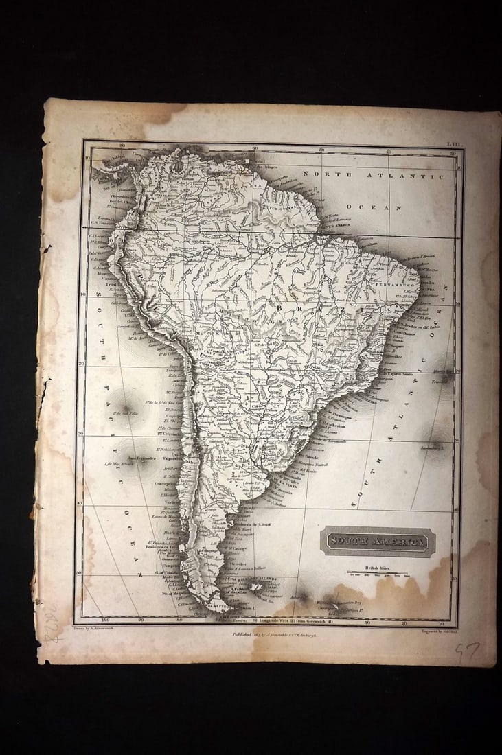 Arrowsmith, Aaron 1817 Antique Map. South America: Copper Engraved Map Published 1817, Edinburgh for "A New General Atlas" First Edition by Aaron Arrowsmith. Engraved Sidney Hall. Paper Size: 11.5 x 9.5 inch (29 x 24cm) Some margin water staining
