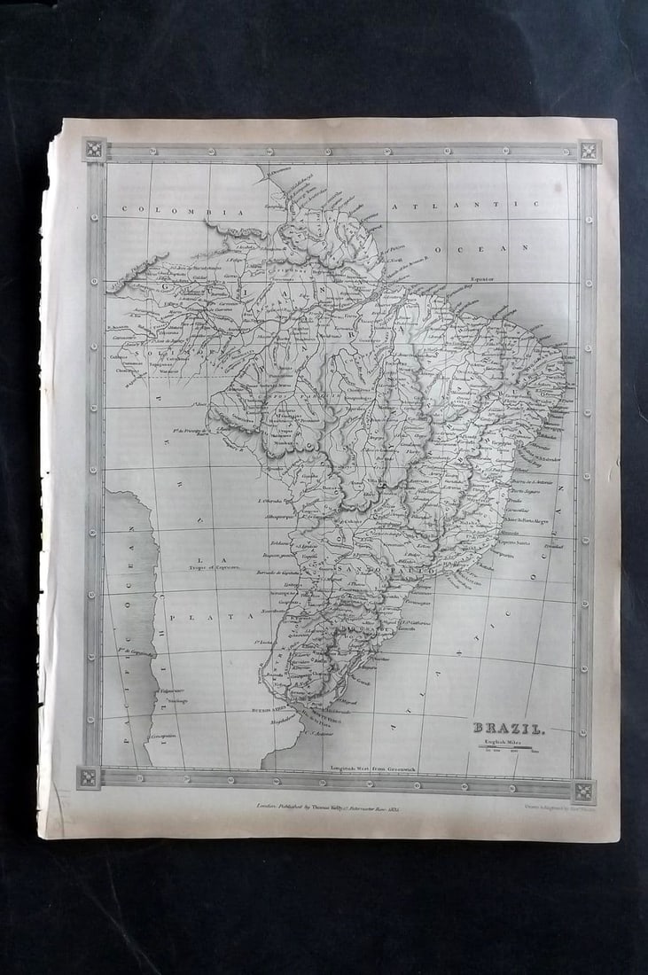 Kelly & Barclay 1843 Antique Map. Brazil: Antique Steel Engraved Map Published 1843 by Thomas Kelly, London for "A New and Universal English Dictionary" by the Rev. James Barclay. Paper Size: 10.5 x 8 inch (27 x 21cm) Good Condition