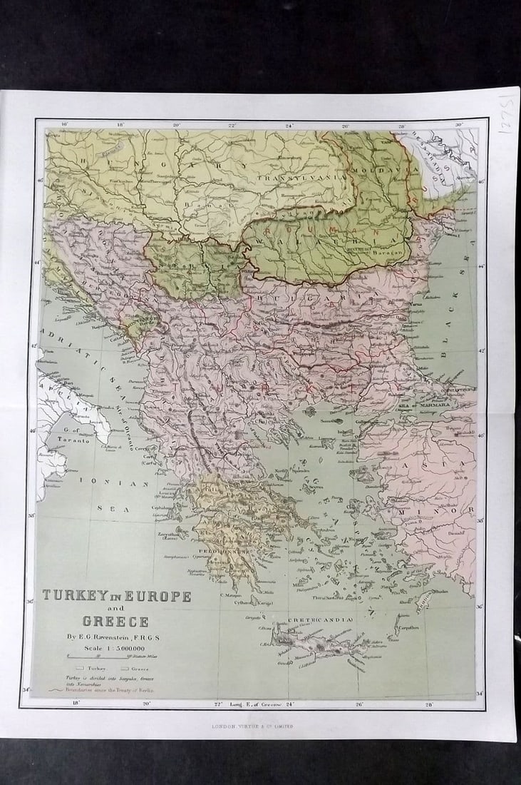 Reclus, Elisee C1880 Antique Map. Turkey in Europe and Greece: Antique Lithograph Map Published 1876-94, London for "The Universal Geography" by Elisee Reclus. Edited by A. H. Keane. Centre fold as issued. Paper Size: 13.5 x 10.5 inch (34 x 27cm) Good Condition