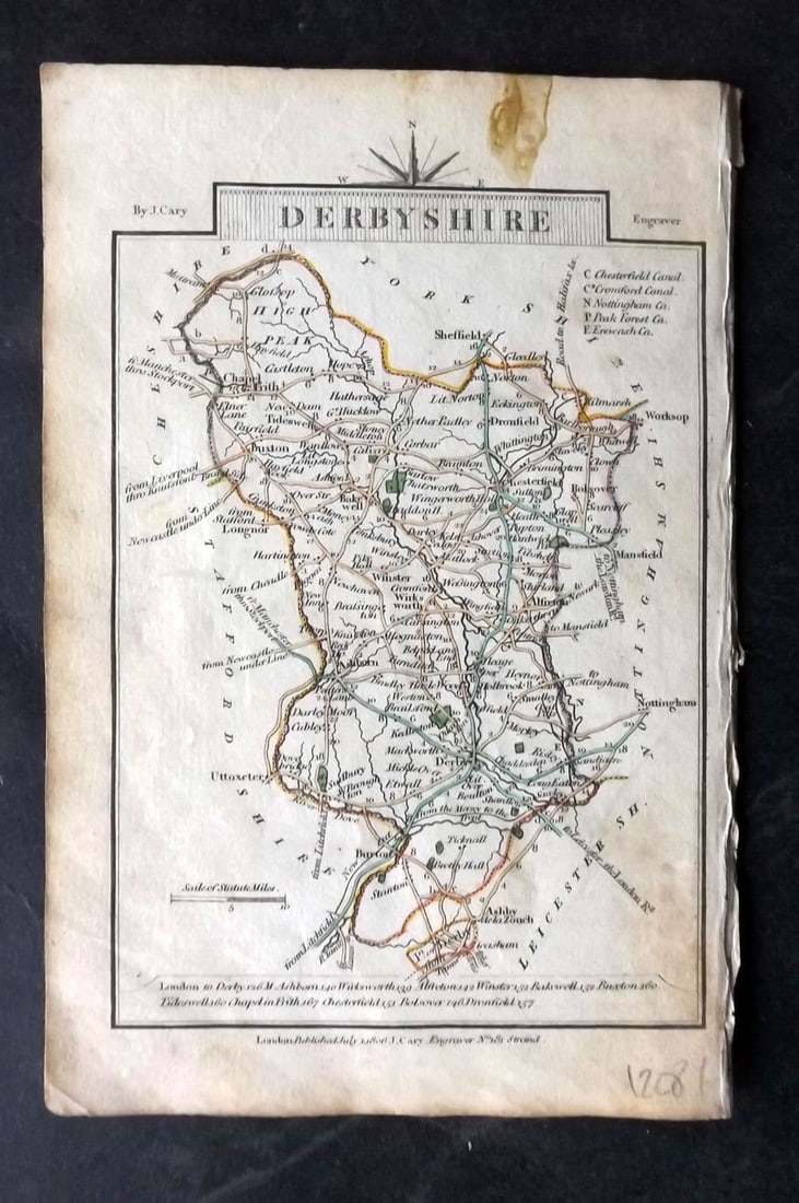 Cary, John 1806 Antique British County Map. Derbyshire & Cumberland: Antique Copper Engraved Map Published 1806, London for "Cary's Traveller's Companion..." by John Cary. Original outline hand colour. Printed both sides. Paper Size: 6.5 x 4.25 inch (16 x 11cm) Very mi