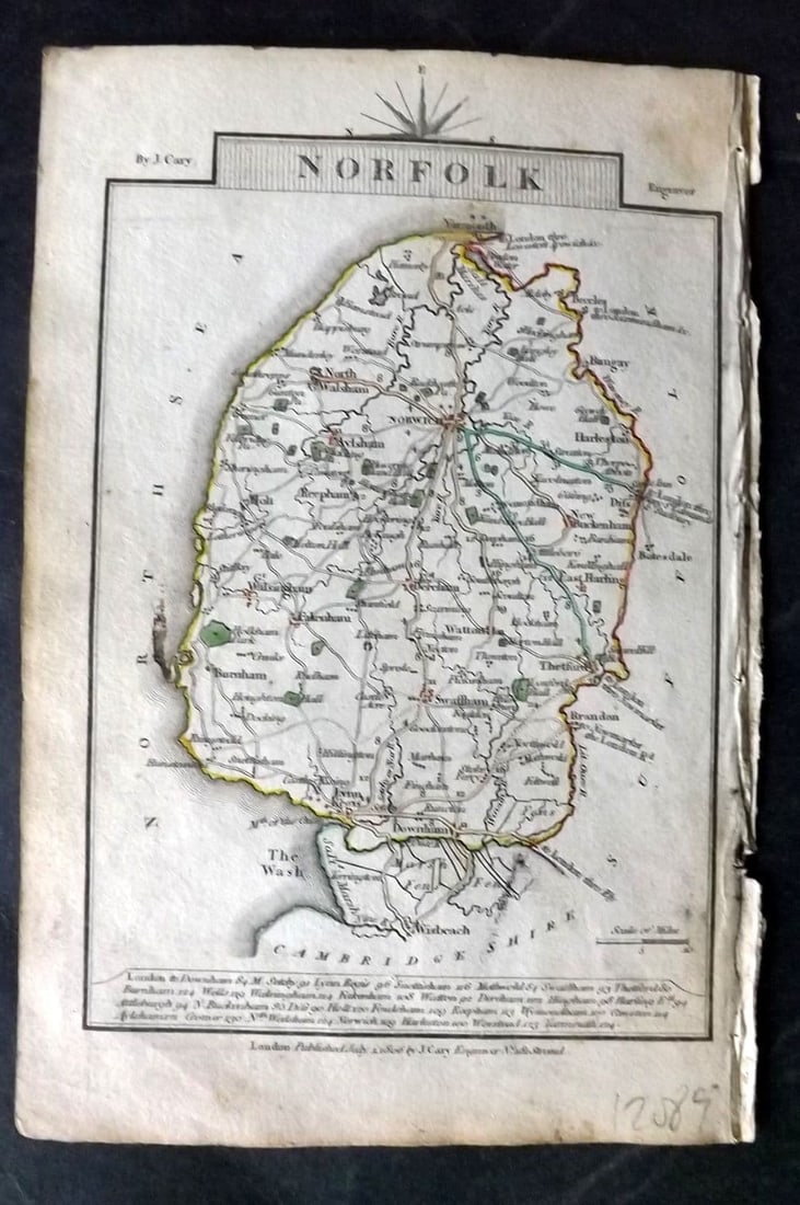 Cary, John 1806 Antique British County Map. Norfolk & Monmouthshire Wales: Antique Copper Engraved Map Published 1806, London for "Cary's Traveller's Companion..." by John Cary. Original outline hand colour. Printed both sides. Paper Size: 6.5 x 4.25 inch (16 x 11cm) Very mi