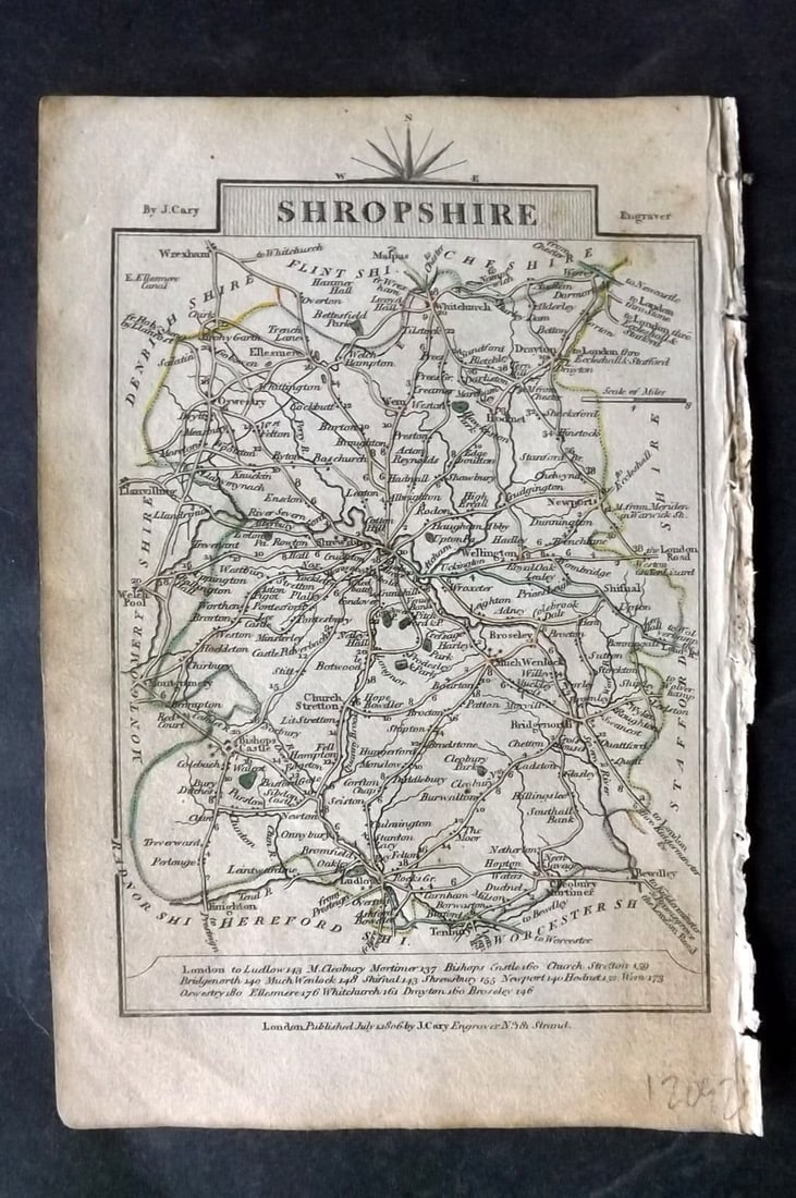 Cary, John 1806 Antique British County Map. Shropshire & Rutlandshire: Antique Copper Engraved Map Published 1806, London for "Cary's Traveller's Companion..." by John Cary. Original outline hand colour. Printed both sides. Paper Size: 6.5 x 4.25 inch (16 x 11cm) Some to