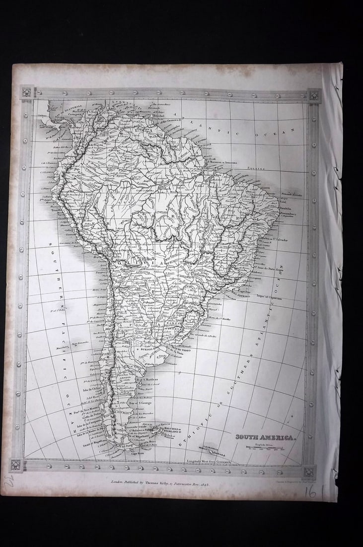 Findlay, Alexander 1841 Antique Map. South America: Steel Engraved Map Published 1841, London for "An Authentic History and Entertaining Description of the World and its Inhabitants..." by Christopher Kelly and Thomas Bartlett. Maps by Alexander Findla