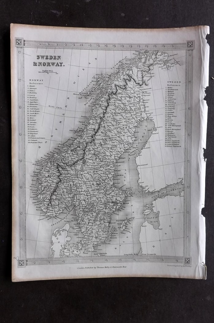 Findlay, Alexander 1841 Antique Map. Sweden & Norway: Steel Engraved Map Published 1841, London for "An Authentic History and Entertaining Description of the World and its Inhabitants..." by Christopher Kelly and Thomas Bartlett. Maps by Alexander Findla