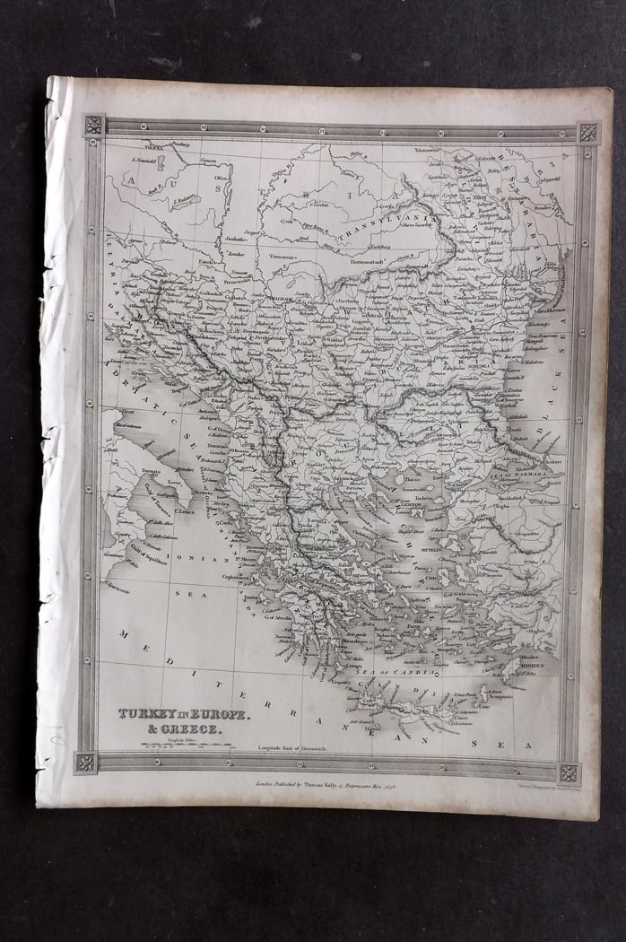 Findlay, Alexander 1841 Antique Map. Turkey in Europe & Greece: Steel Engraved Map Published 1841, London for "An Authentic History and Entertaining Description of the World and its Inhabitants..." by Christopher Kelly and Thomas Bartlett. Maps by Alexander Findla