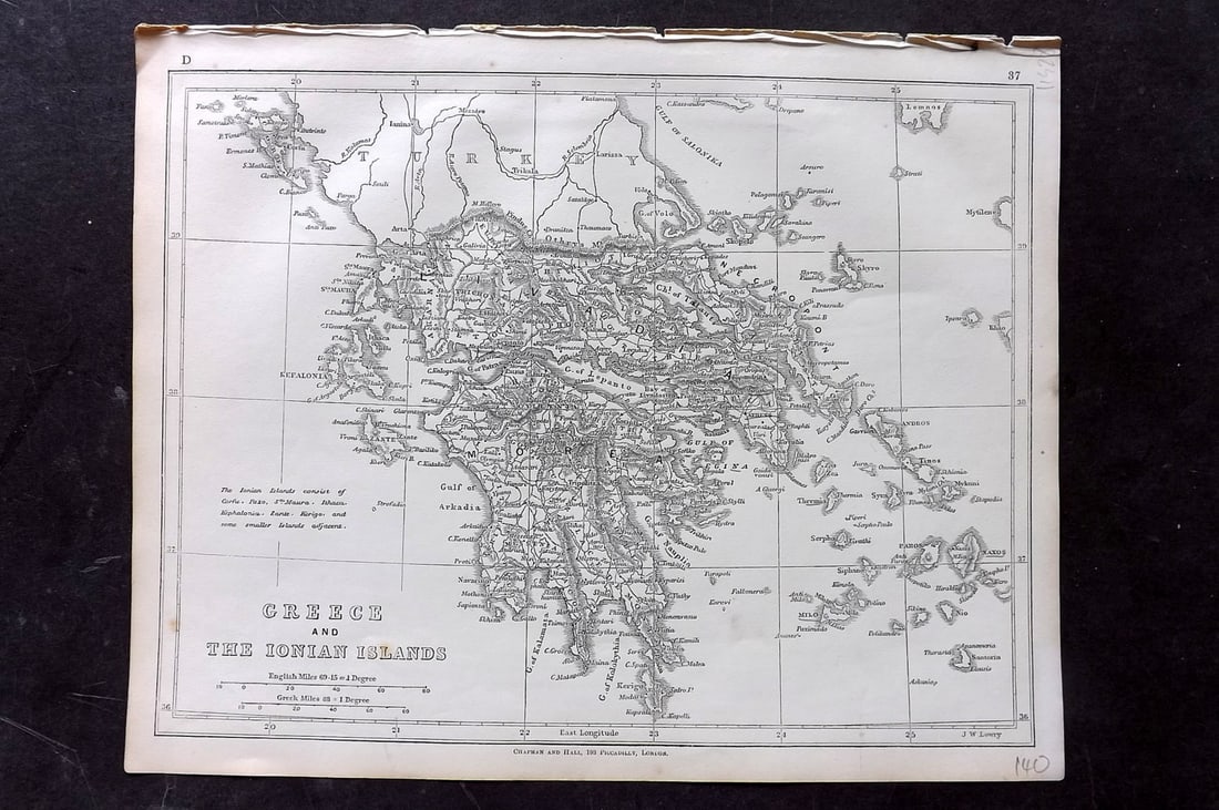 Lowry, Joseph 1852 Antique Map. Greece and the Ionian Islands: Engraved Map Published 1852 for "Lowry's Table Atlas" by Joseph William Lowry. Paper Size: 12 x 9.5 inch (30.5 x 24cm) Good Condition