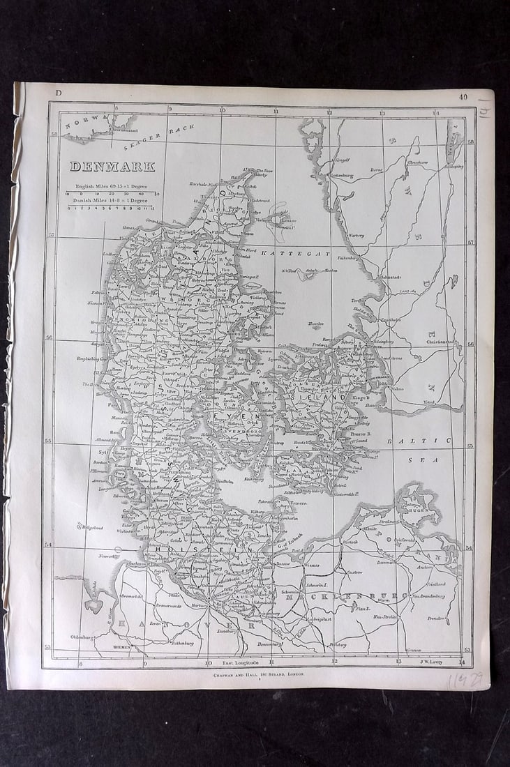 Lowry, Joseph 1852 Antique Map. Denmark: Engraved Map Published 1852 for "Lowry's Table Atlas" by Joseph William Lowry. Paper Size: 12 x 9.5 inch (30.5 x 24cm) Good Condition