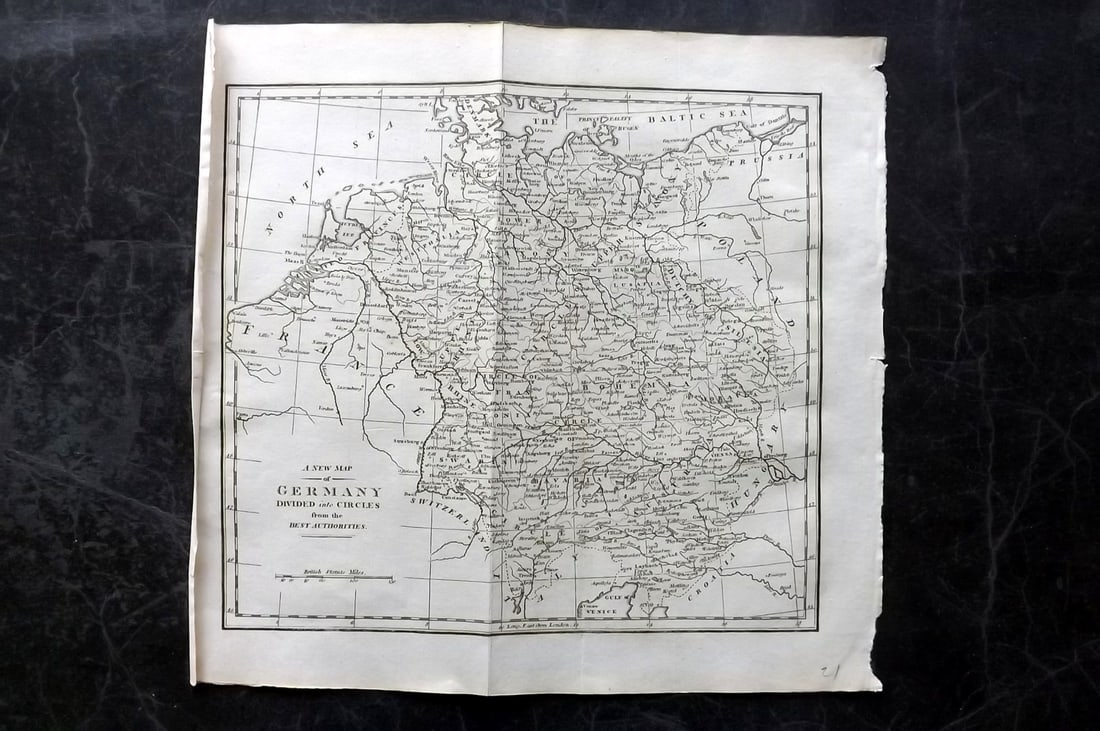 Cooke, George 1801 Antique Map. Germany divided into Circles: Copper Engraved Map Published 1801-07 by Macdonald & Son, London for "Modern and Authentic System of Universal Geography" By George A. Cooke. Folds as issued. Paper Size: 11 x 10 inch (28 x 26cm) Appr