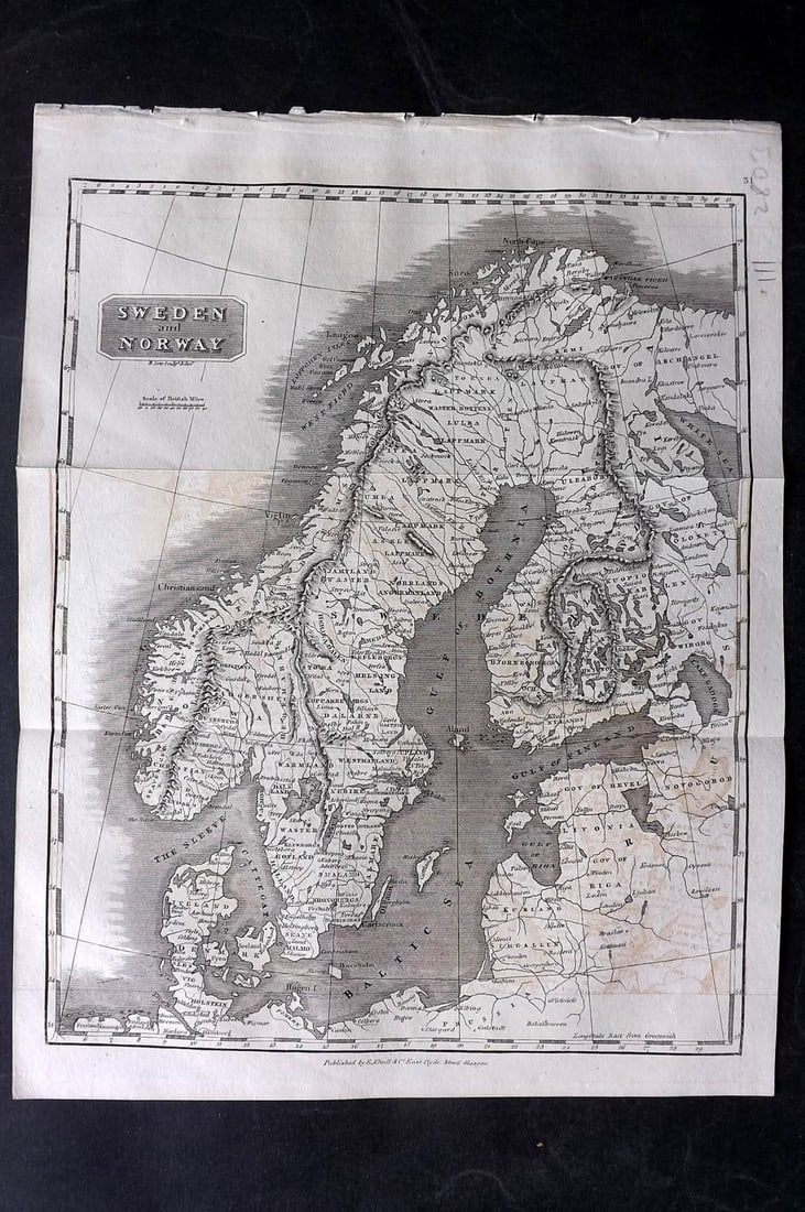Glasgow Geography 1825 Antique Map. Sweden and Noway: Copper Engraved Map Published 1825, Glasgow for "The Glasgow Geography?" by Several Literary Gentleman. Folds as issued. .Paper Size: 11 x 8 inch (28 x 21cm) Very minor toning/offsetting. Good Conditi