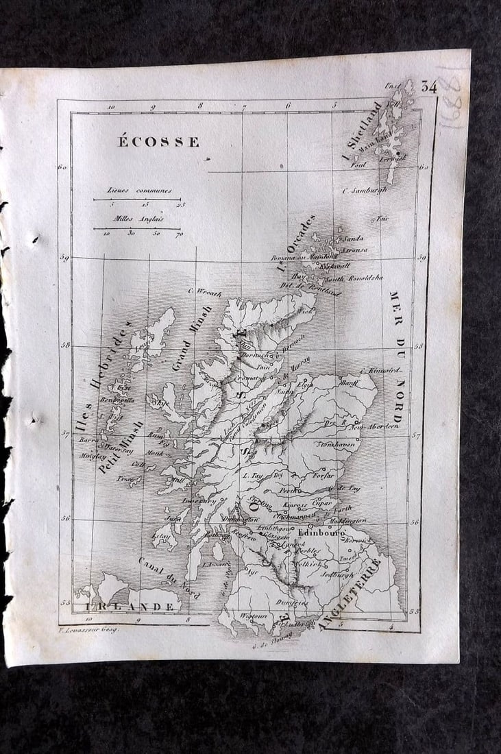 Levasseur, Victor 1838 Antique Map. Ecosse. Scotland: Antique Steel Engraved Map Published 1838, Paris for "Atlas Classique Universel de Geographie ancienne e moderne" by Victor Levasseur. Paper Size: 5.5 x 4.25 inch (14 x 11cm) Very minor toning. Good C