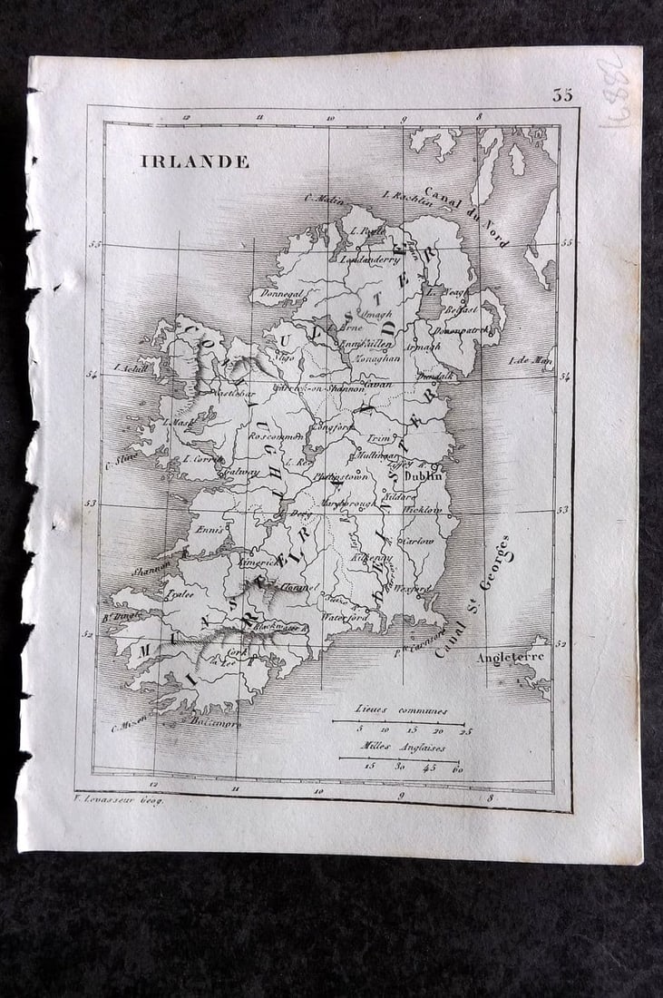 Levasseur, Victor 1838 Antique Map. Irlande. Ireland: Antique Steel Engraved Map Published 1838, Paris for "Atlas Classique Universel de Geographie ancienne e moderne" by Victor Levasseur. Paper Size: 5.5 x 4.25 inch (14 x 11cm) Good Condition