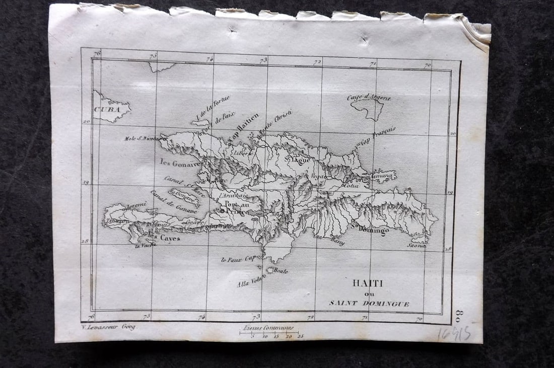 Levasseur, Victor 1838 Antique Map. Haiti ou St-Domingue. West Indies Caribbean: Antique Steel Engraved Map Published 1838, Paris for "Atlas Classique Universel de Geographie ancienne e moderne" by Victor Levasseur. Paper Size: 5.5 x 4.25 inch (14 x 11cm) Good Condition