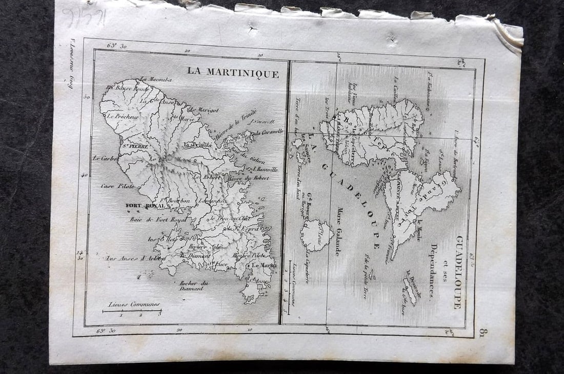 Levasseur, Victor 1838 Antique Map. Guadeloupe et Martinique. West Indies Caribbean: Antique Steel Engraved Map Published 1838, Paris for "Atlas Classique Universel de Geographie ancienne e moderne" by Victor Levasseur. Paper Size: 5.5 x 4.25 inch (14 x 11cm) Very minor toning. Good C