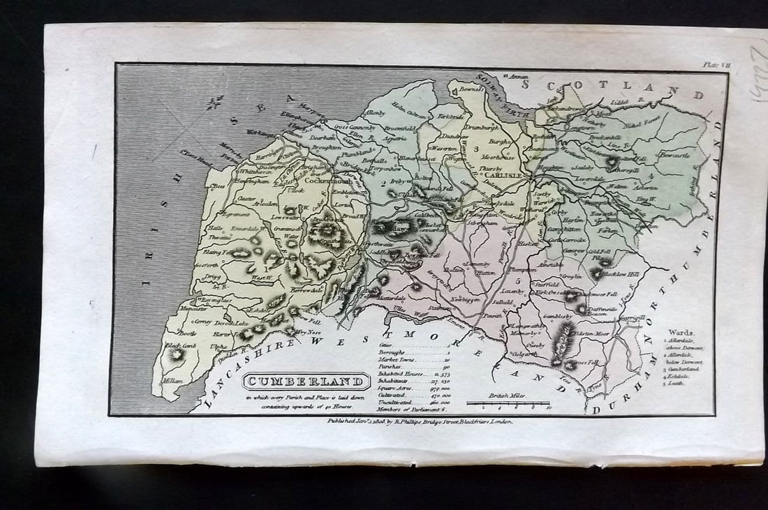 Capper, Benjamin 1808 Hand Col British County Map. Cumberland: Antique Copper Engraved Map Published 1808 by Richard Philips, London for "A Topographical Dictionary of the United Kingdom" First Edition by Benjamin Pitts Capper. Fine hand colour as issued. Paper S