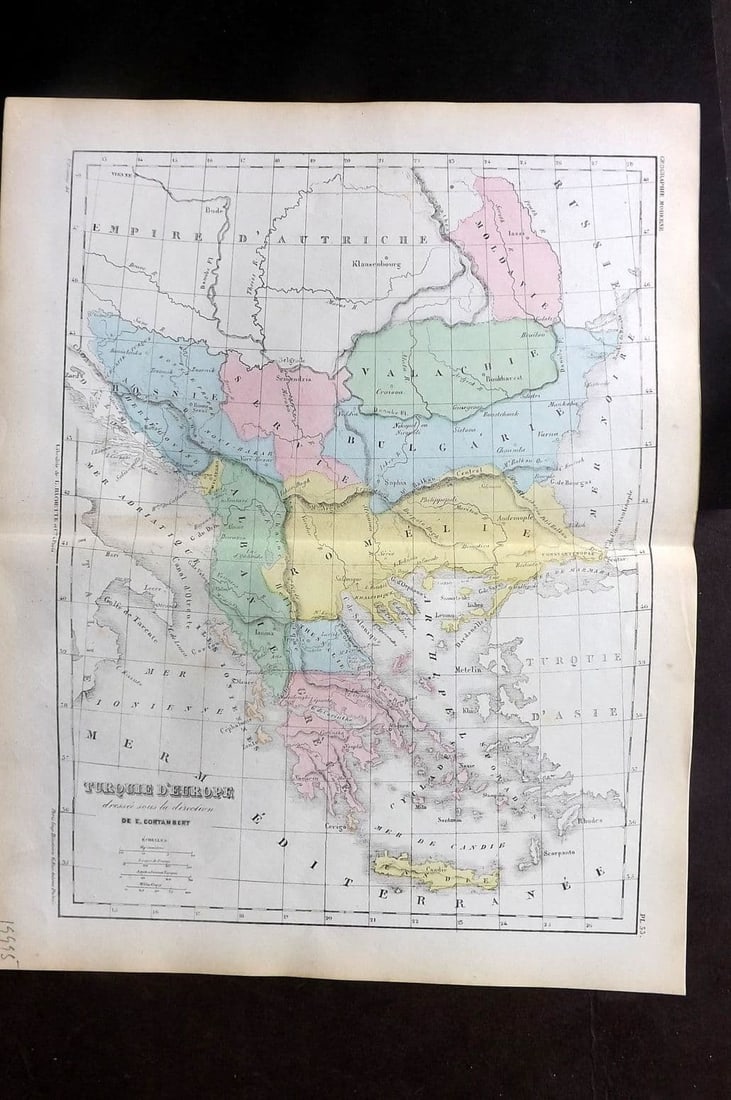 Cortambert, Eugene 1852 Hand Col Map. Turquie d'Europe. Turkey in Europe 53: Antique Steel Engraved Map Published 1852, Paris for "Nouvel Atlas de Geographie" by Eugene Cortambert. Fine hand colour as issued. Centre fold as published. Paper Size: 13 x 10 inch (33 x 26cm) Good