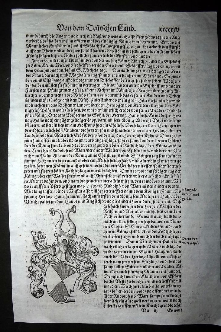 Munster, Sebastian 1578 Early Woodcut. Coat of Arms: Woodcut Published 1578, Basel for the "Cosmographia" by Sebastian Munster. Printed both sides. Paper Size: 12 x 8 inch (30 x 20cm) Approx. Good Condition