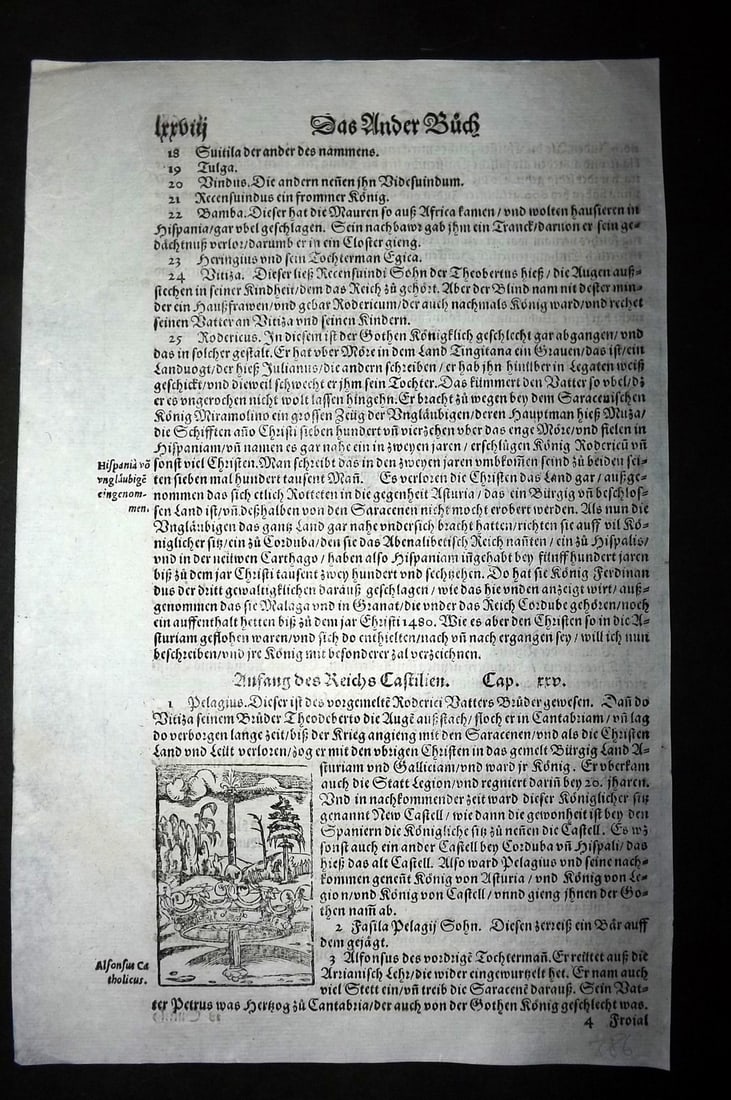 Munster, Sebastian 1578 Early Woodcut. Floating Crown, Reconquista Spain (1 of 2)