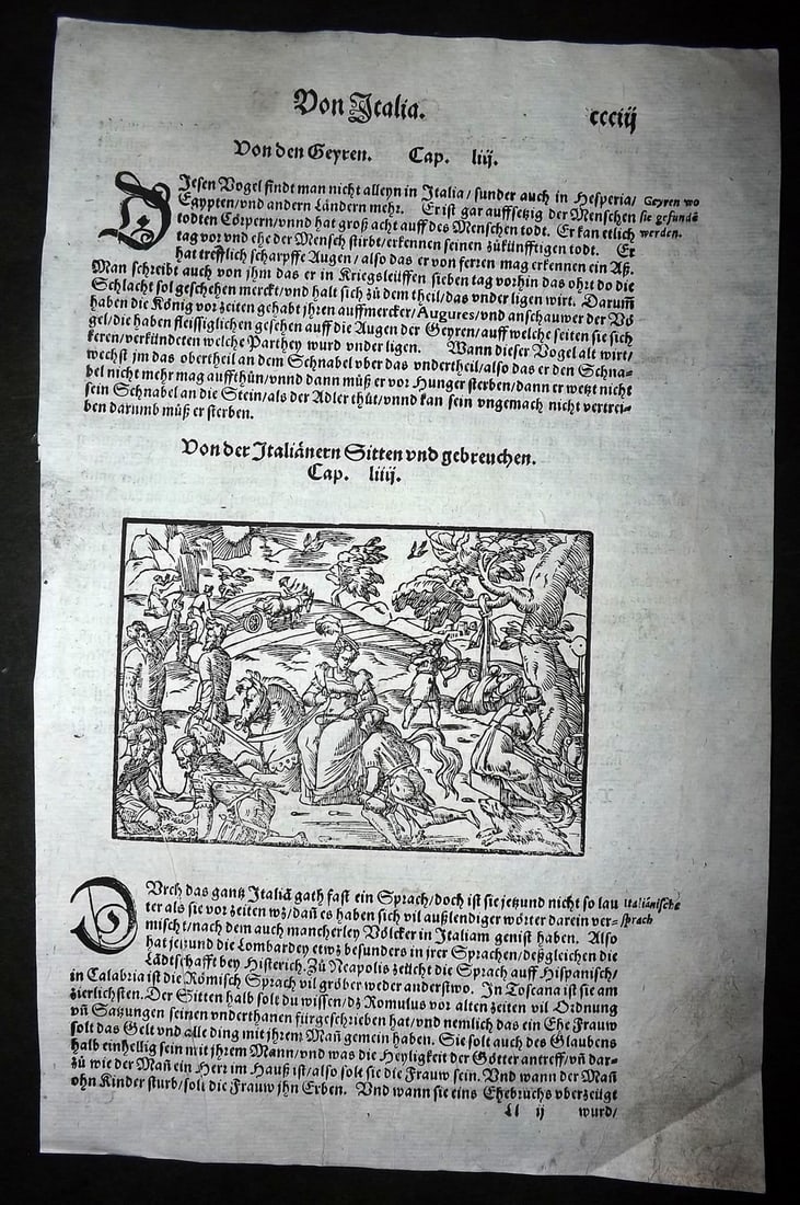 Munster, Sebastian 1578 Early Woodcut. Italy - Vultures circling over a Battlefield & Roman Customs: Woodcut Published 1578, Basel for the "Cosmographia" by Sebastian Munster. Printed both sides. Paper Size: 12 x 8 inch (30 x 20cm) Approx. Good Condition