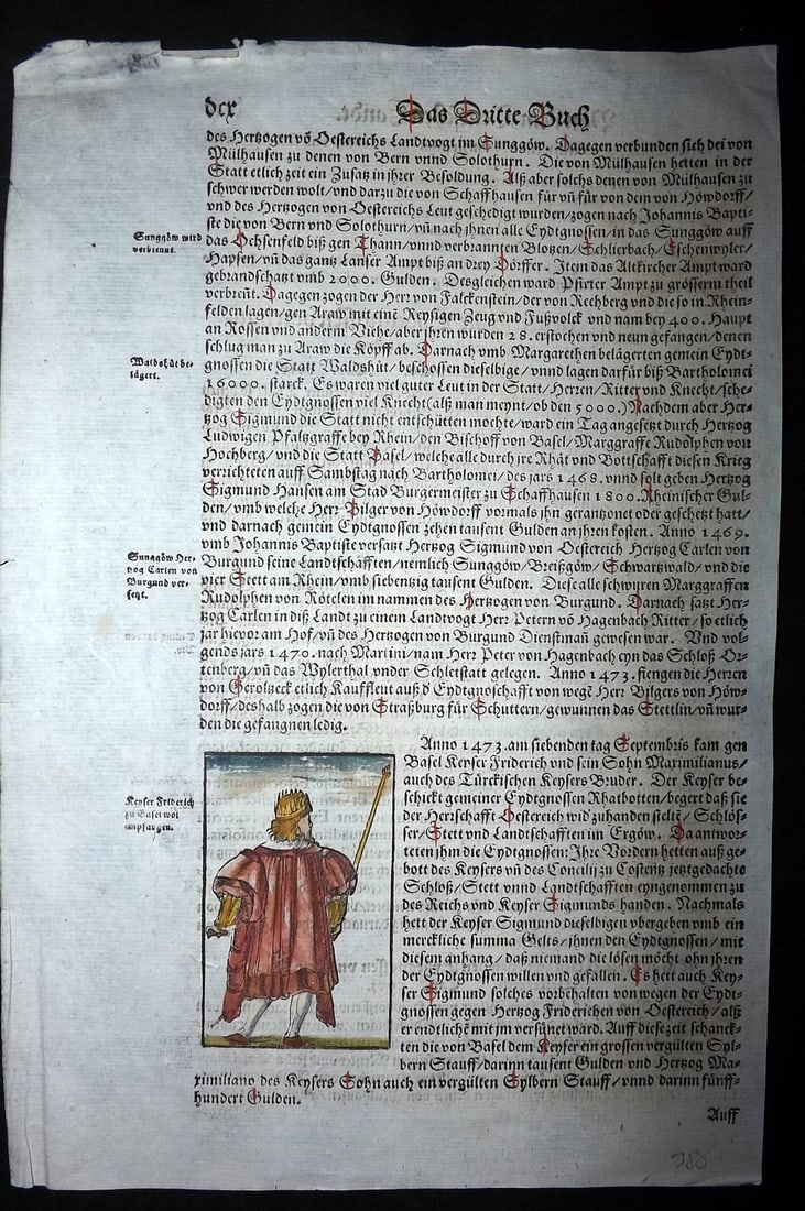 Munster, Sebastian 1588 Early Hand Col Woodcut. Emperor Frederick III: Contemporary Hand Colored Woodcut Published 1588, Basel for the "Cosmographia" by Sebastian Munster. Printed both sides. Paper Size: 12 x 8 inch (30 x 20cm) Approx. Good Condition