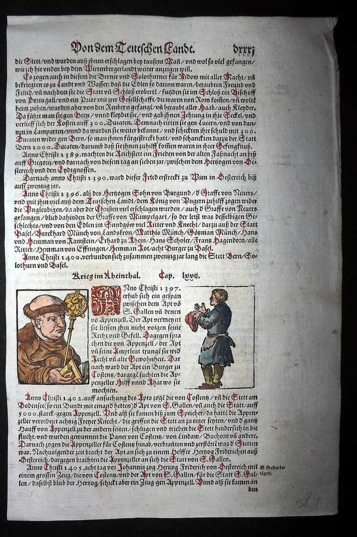 Munster, Sebastian 1588 Early Hand Col Woodcut. Abbot of St. Gallen & Swiss Peasant (1 of 2)
