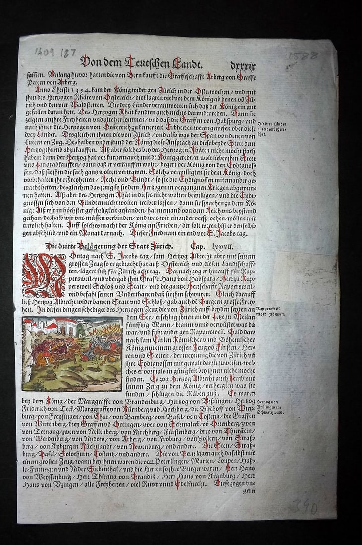 Munster, Sebastian 1588 Early Hand Col Woodcut. Battle Scene near Zurich & Swiss Nobleman or Knight (1 of 2)