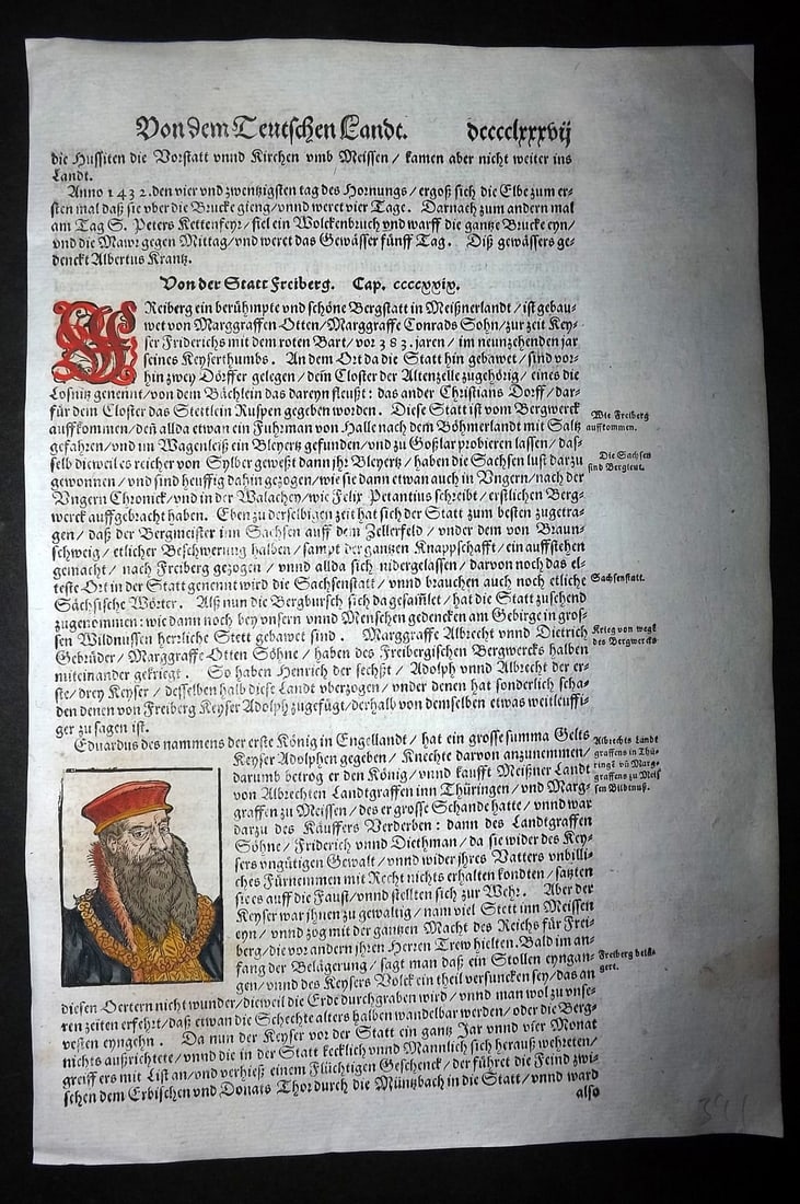 Munster, Sebastian 1588 Early Hand Col Woodcut. Bearded Portrait, possibly Frederick I Barbarossa: Contemporary Hand Colored Woodcut Published 1588, Basel for the "Cosmographia" by Sebastian Munster. Printed both sides. Paper Size: 12 x 8 inch (30 x 20cm) Approx. Good Condition